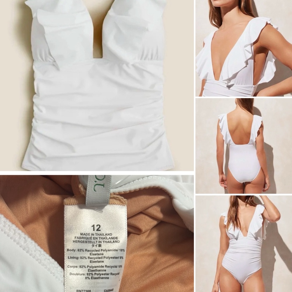 White Ruffled One-Piece J. Crew Swimsuit Long Torso Sz. 12